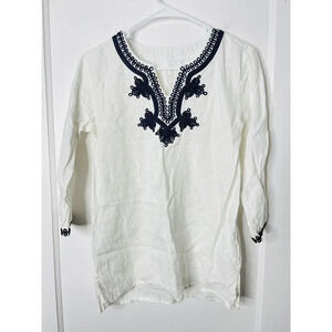 Symple NYC Linen Tunic Blouse Medium Boho 3/4 Sleeve Embroidered Henley Woven